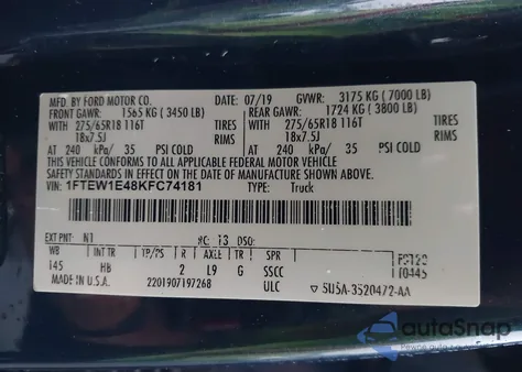 2019 Ford F-150 Lariat z USA, uszkodzony, nr VIN 1FTEW1E48KFC74181